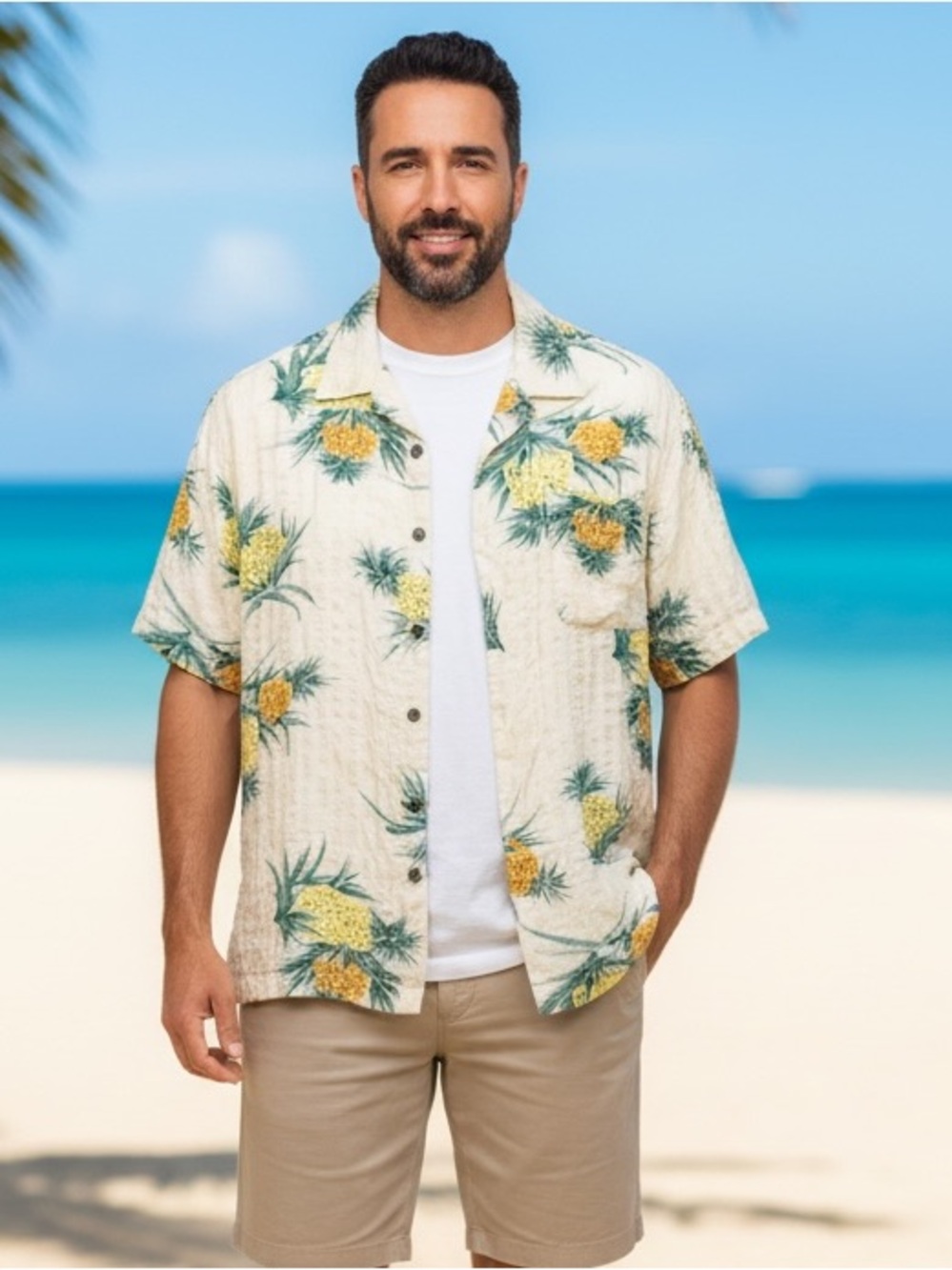 Short Sleeve Pineapple Print Button-Down Shirt - Ivory